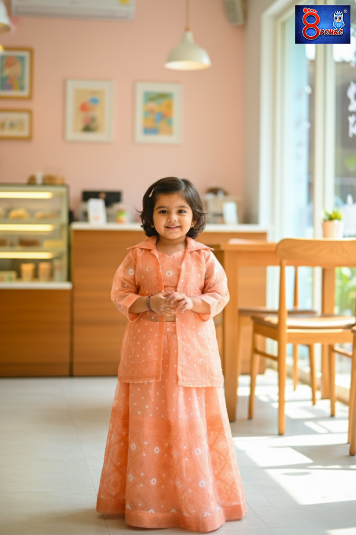 Baby Jamdani Lehenga 3 pcs Set | Shrug, Blouse, Skirt | CCP 09 | Peach	