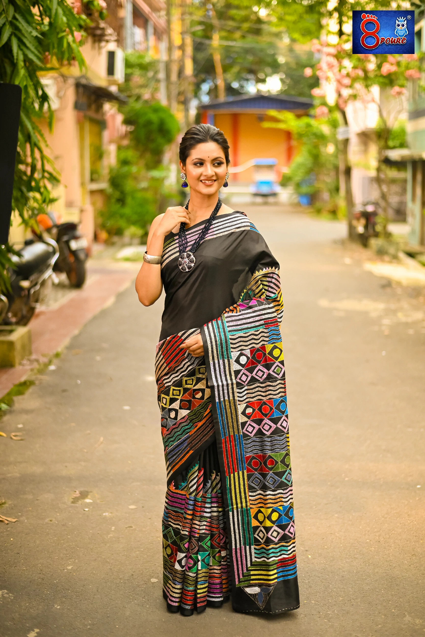 Pure Bangalore Silk Hand Embroidered Kantha Stitch | Silk Mark | Black | BSE05