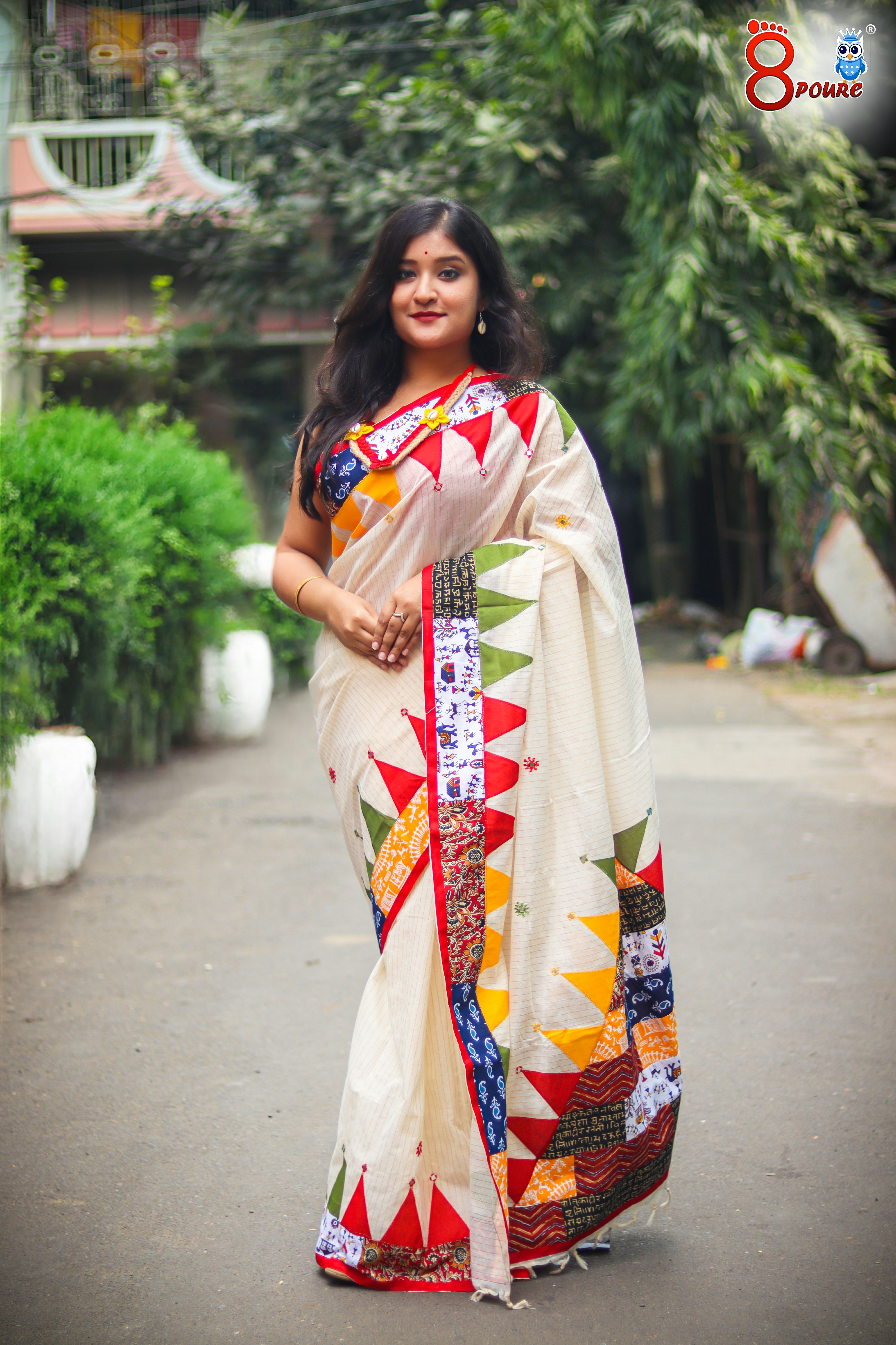 Pure Cotton Designer Baul saree | White Red | B01