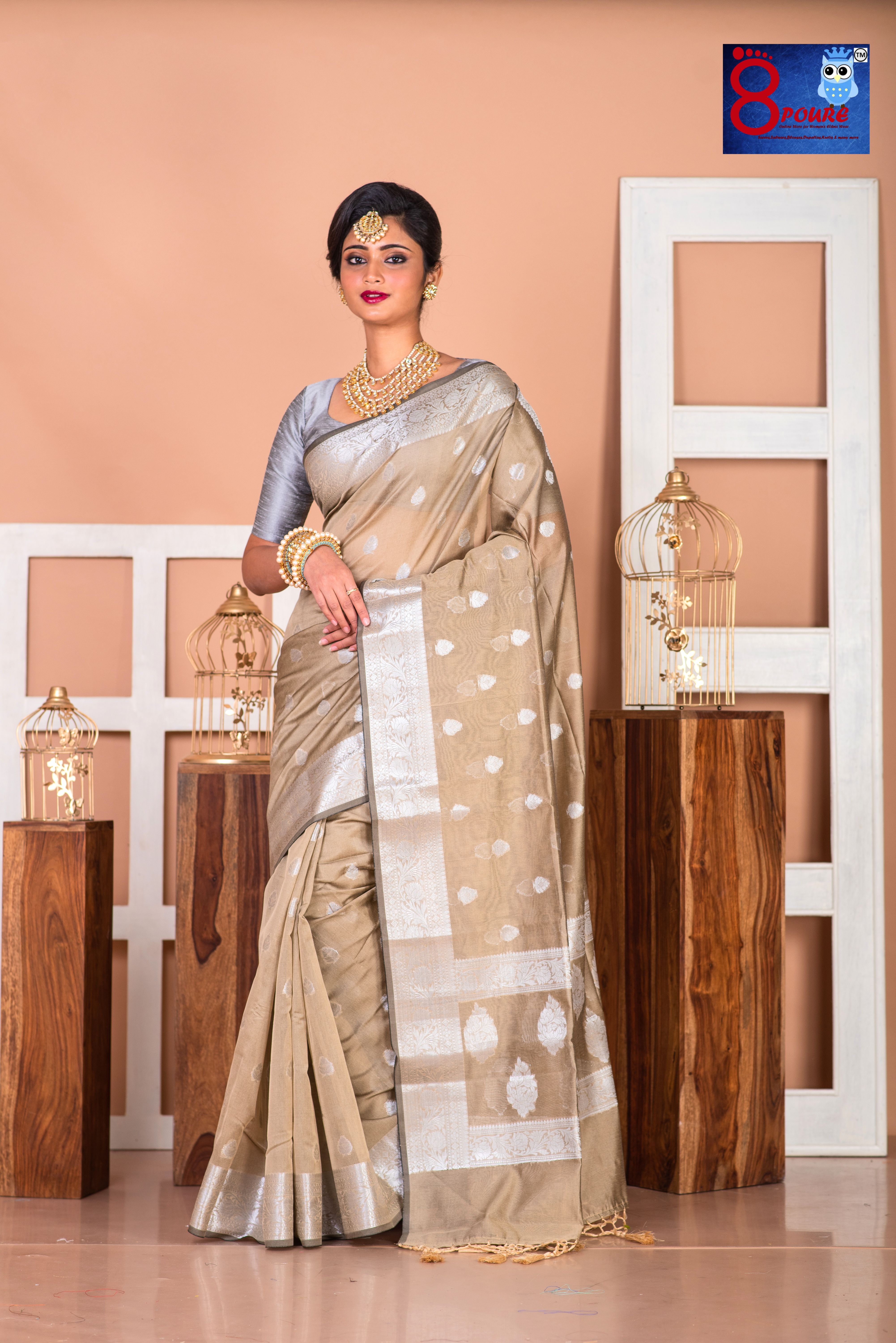 Pure Organza Silver Boota Weaved Saree | Beige | POS 02