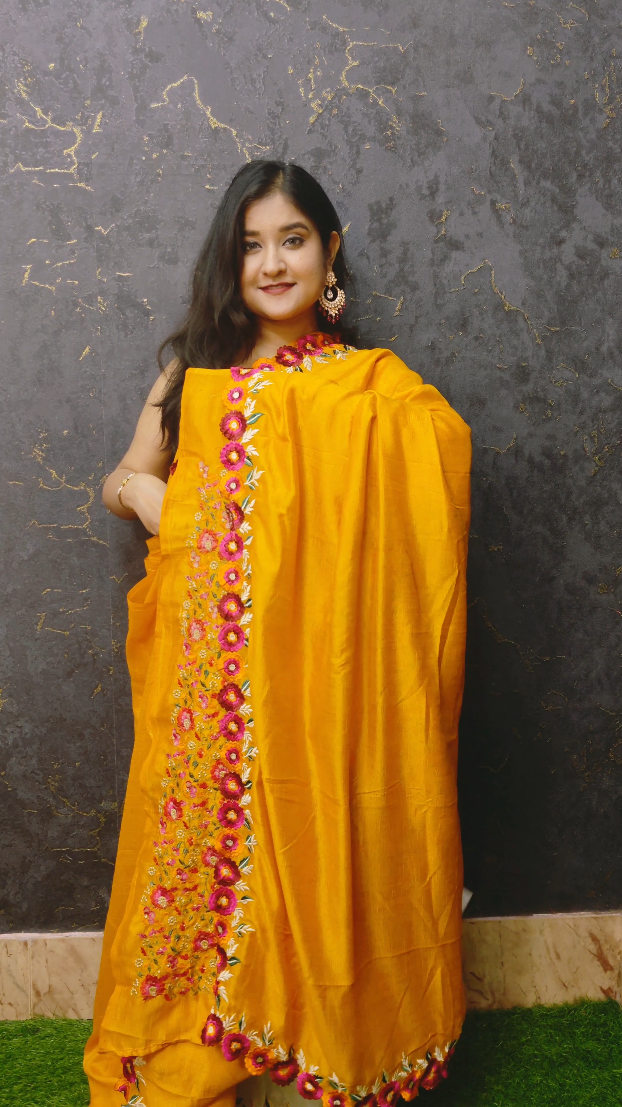 Satin Parshi Embroidery Saree | Yellow | SPE 06