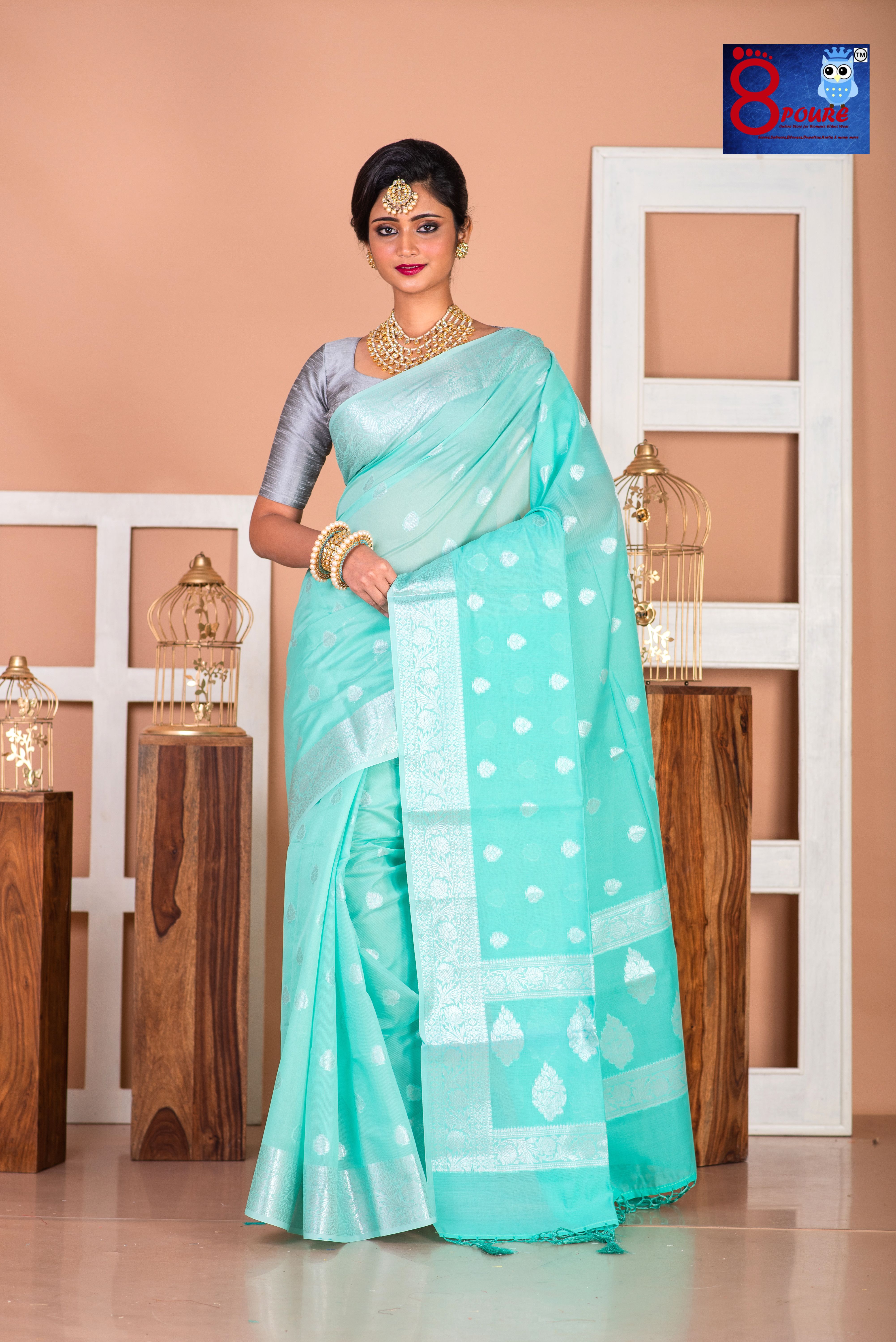 Pure Organza Silver Boota Weaved Saree | Sea Green | POS 06