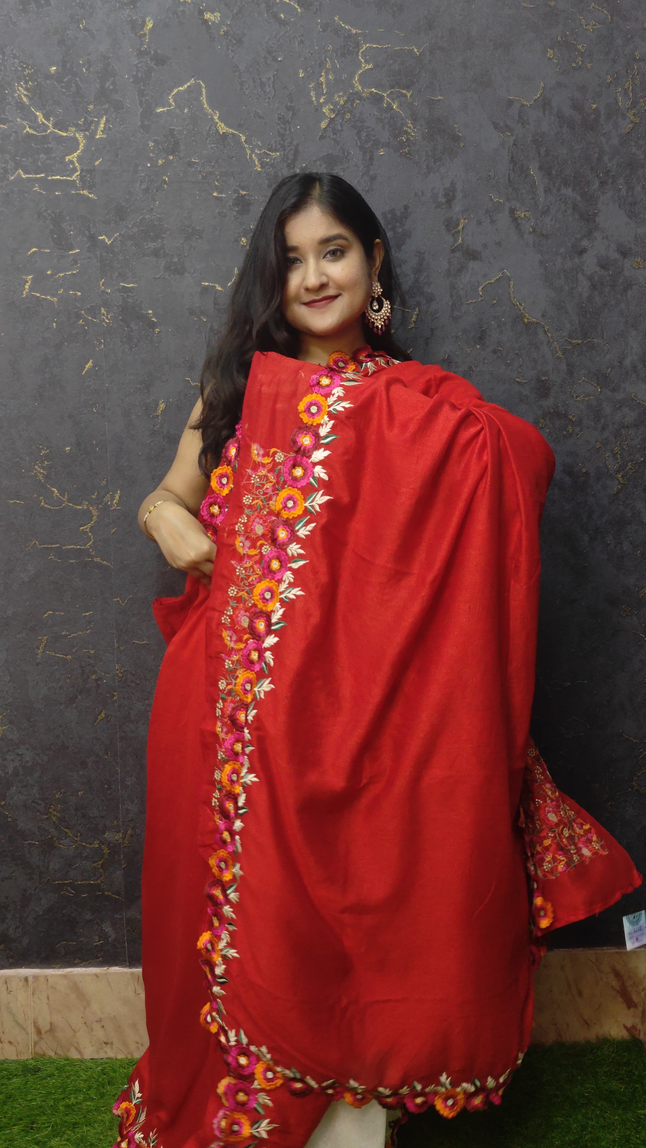 Satin Parshi Embroidery Saree | Red | SPE 01