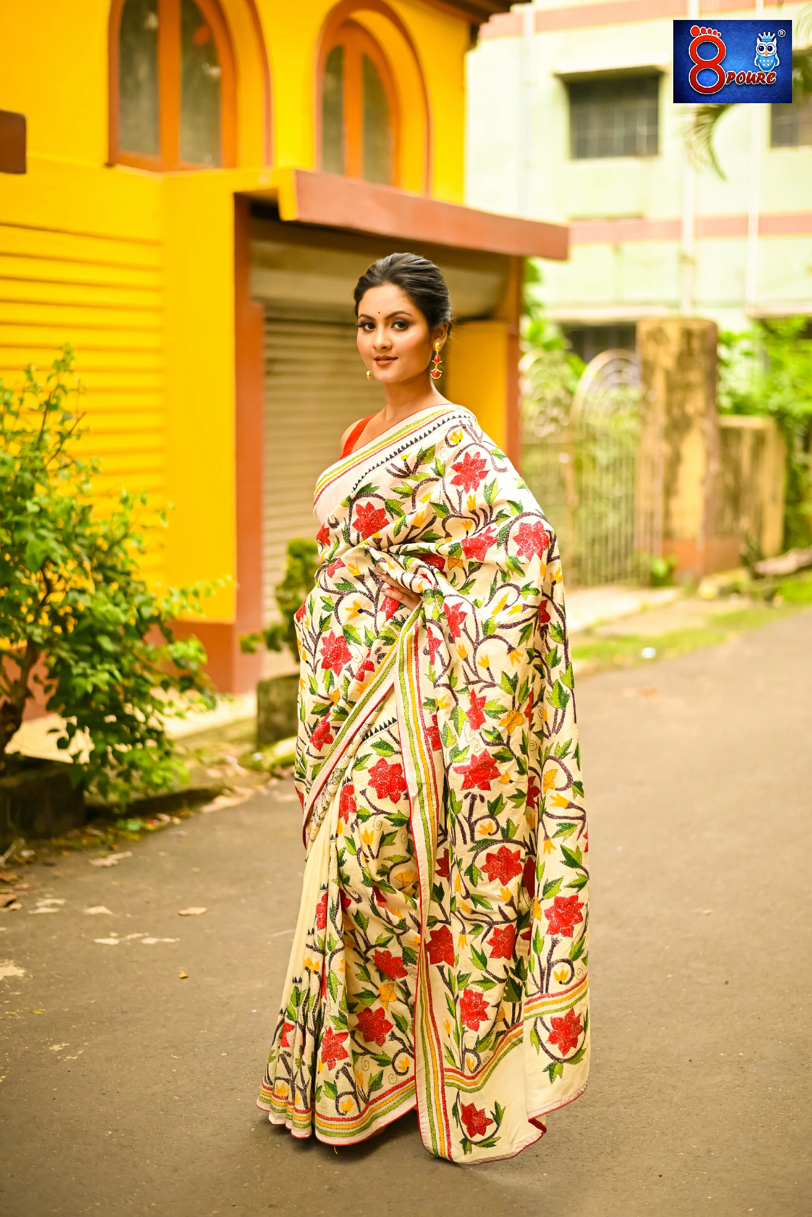 Hand Embroidered Pure Tussar Silk Kantha Stitch | Silk Mark | Off White | EPT02