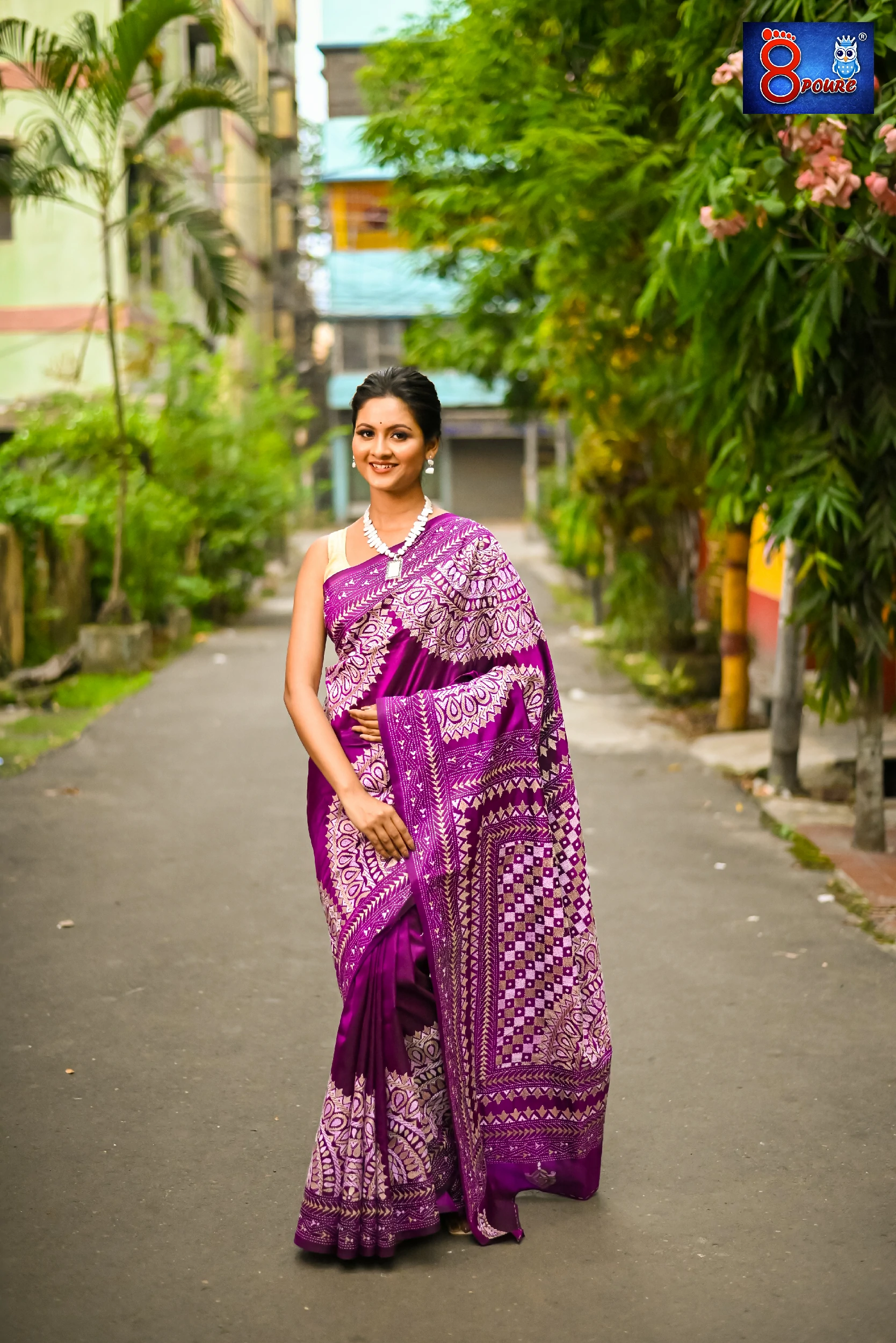 Pure Bangalore Silk Hand Embroidered Kantha Stitch | Silk Mark | Purple | BSE03