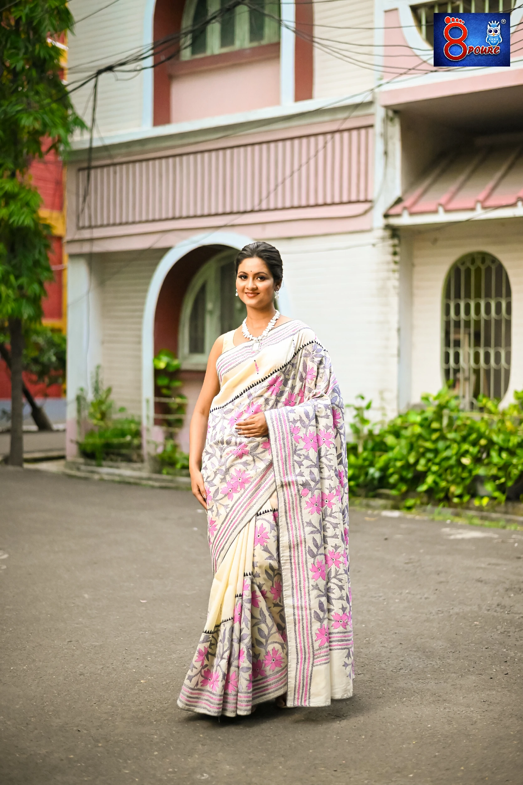 Hand Embroidered Pure Tussar Silk Kantha Stitch | Silk Mark | Off White | EPT04