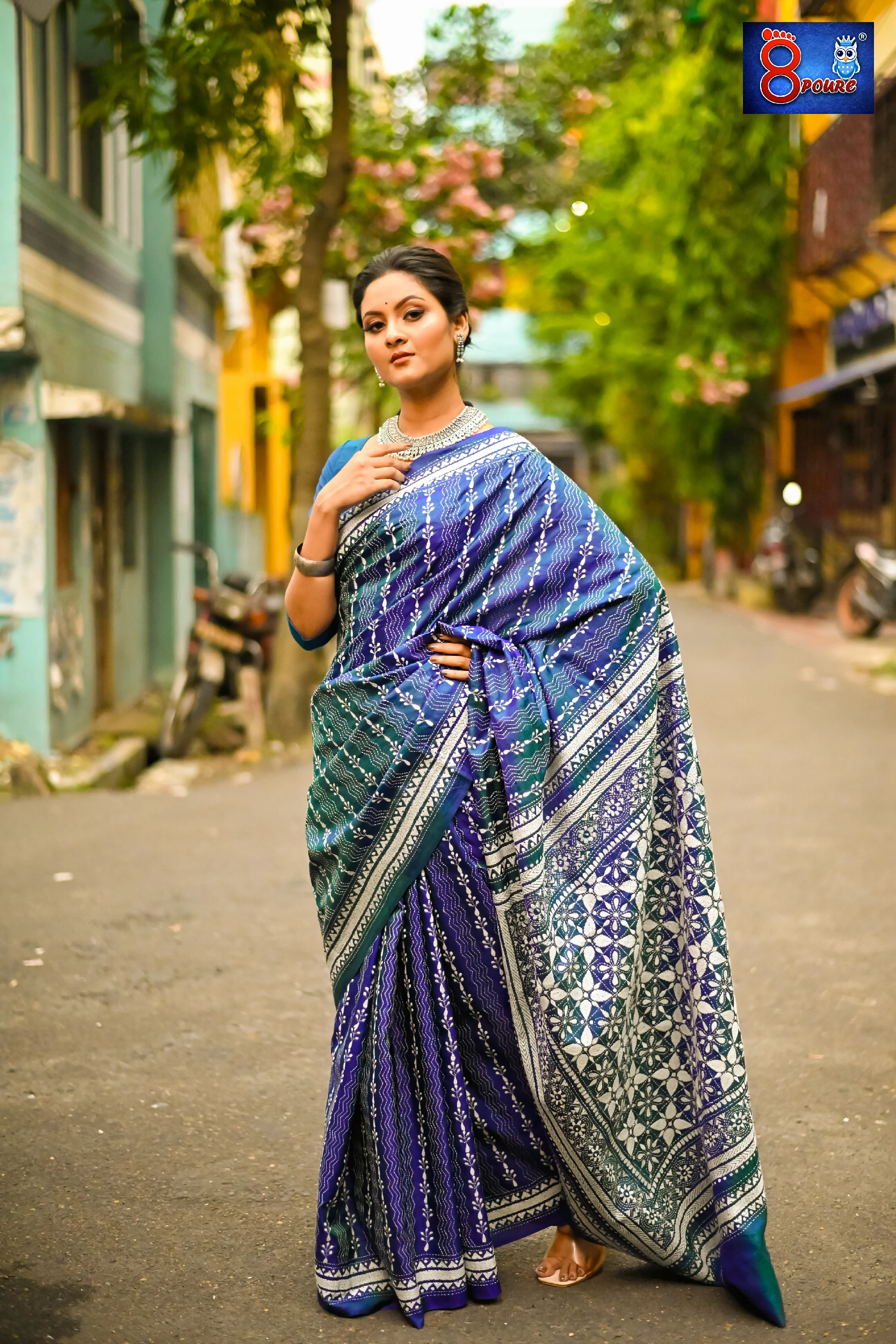 Pure Bangalore Silk Hand Embroidered Kantha Stitch | Silk Mark | Blue |  BSE02