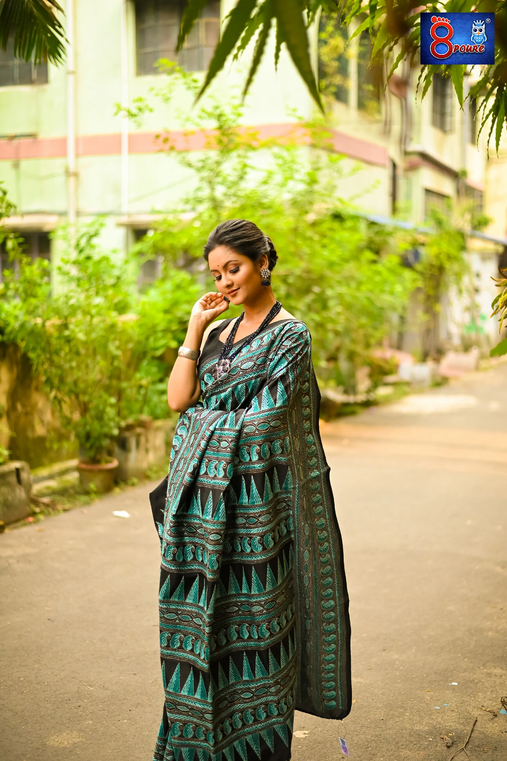 Pure Bangalore Silk Hand Embroidered Kantha Stitch | Silk Mark | Black | BSE06