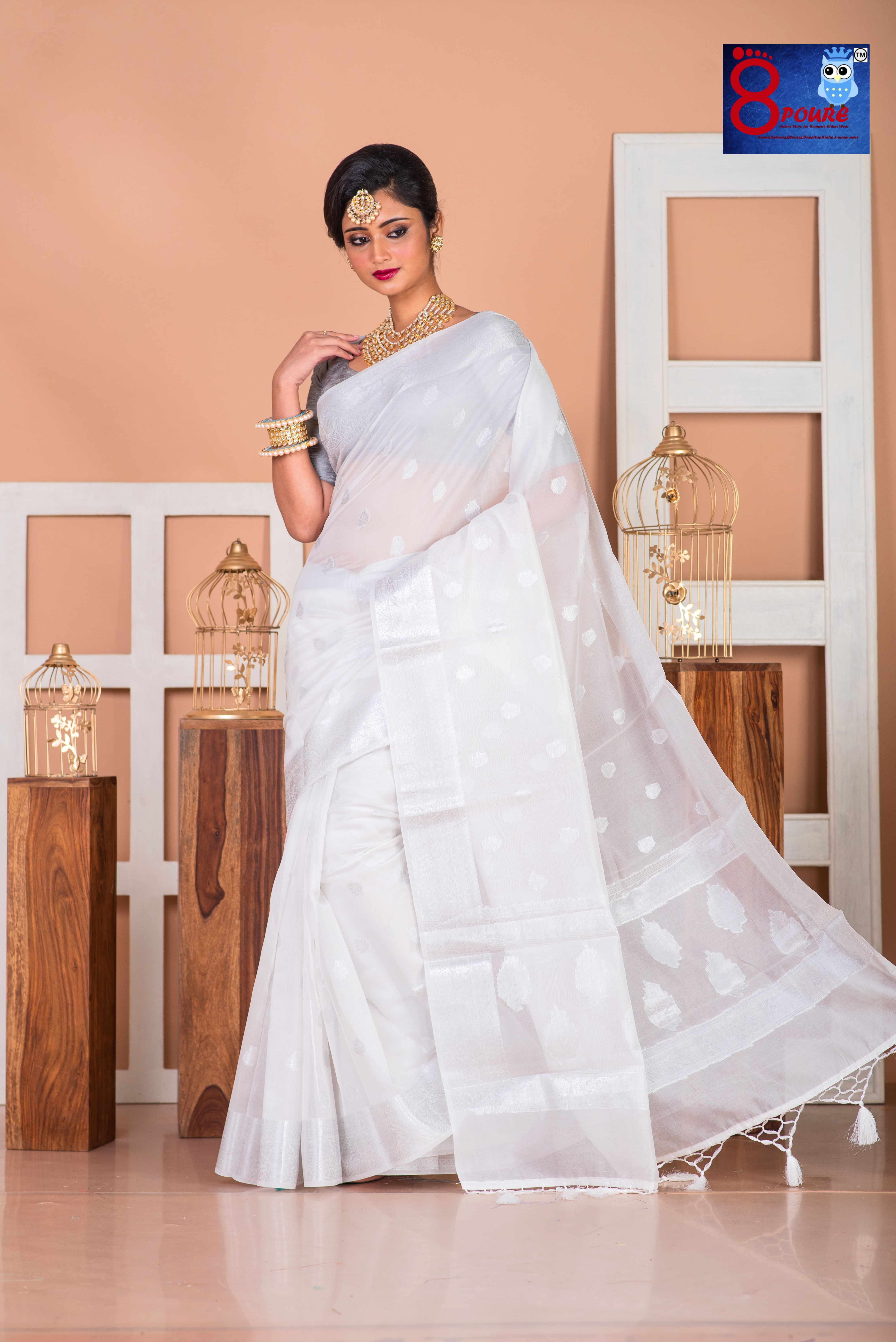 Pure Organza Silver Boota Weaved Saree | Off white  | POS 05