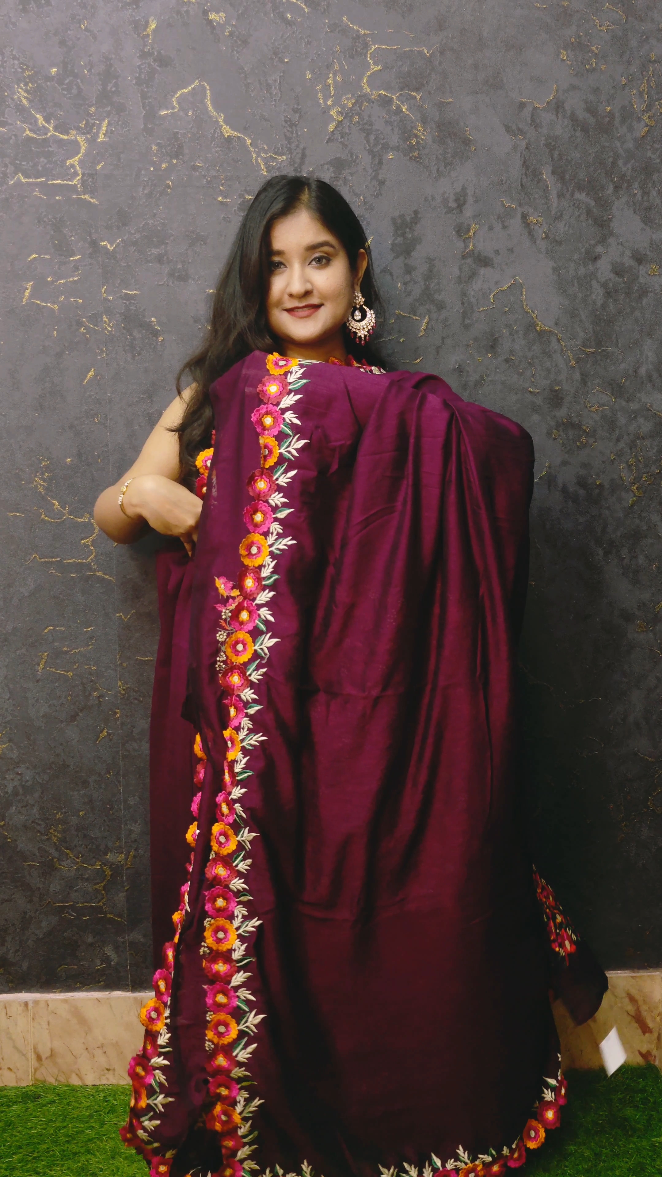 Satin Parshi Embroidery Saree  | Magenta| SPE 04