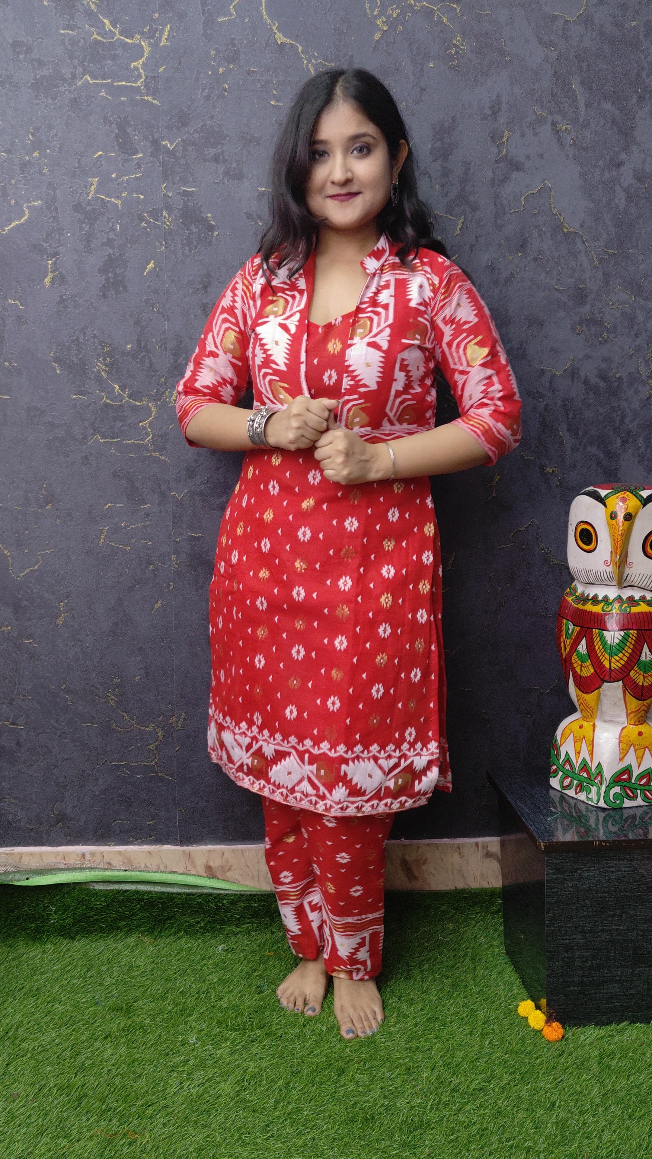 Jamdani Kurti , Pant & Shrug | Red | JKPS 04 