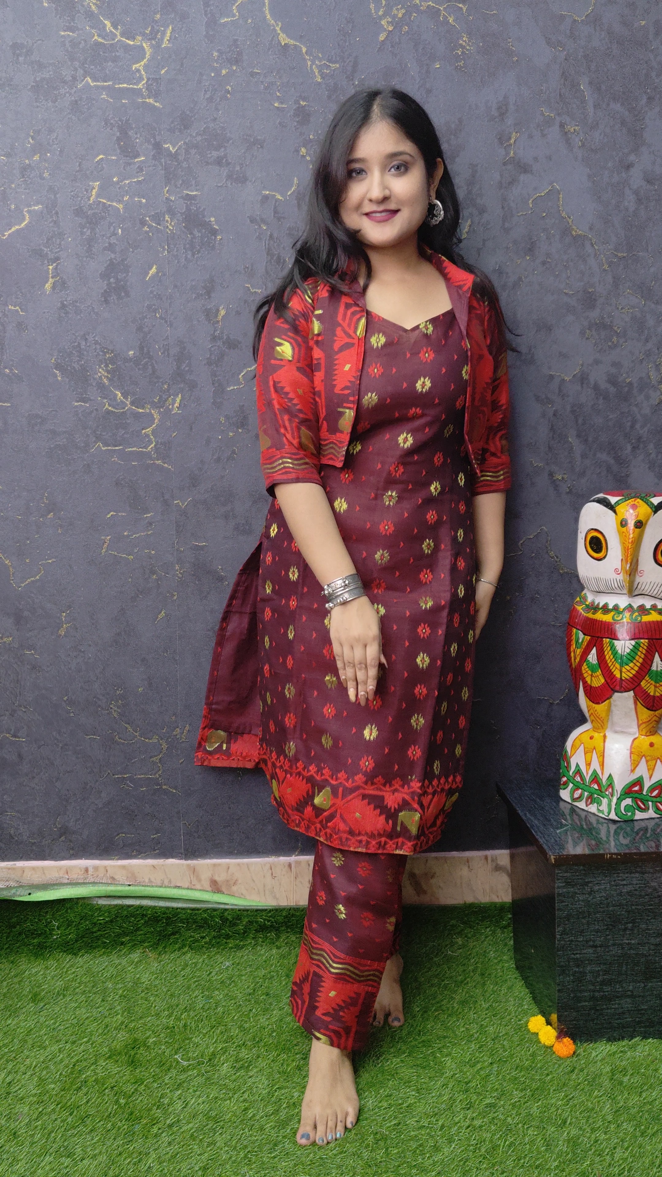 Jamdani Kurti , Pant & Shrug  | Marron| JKPS 05