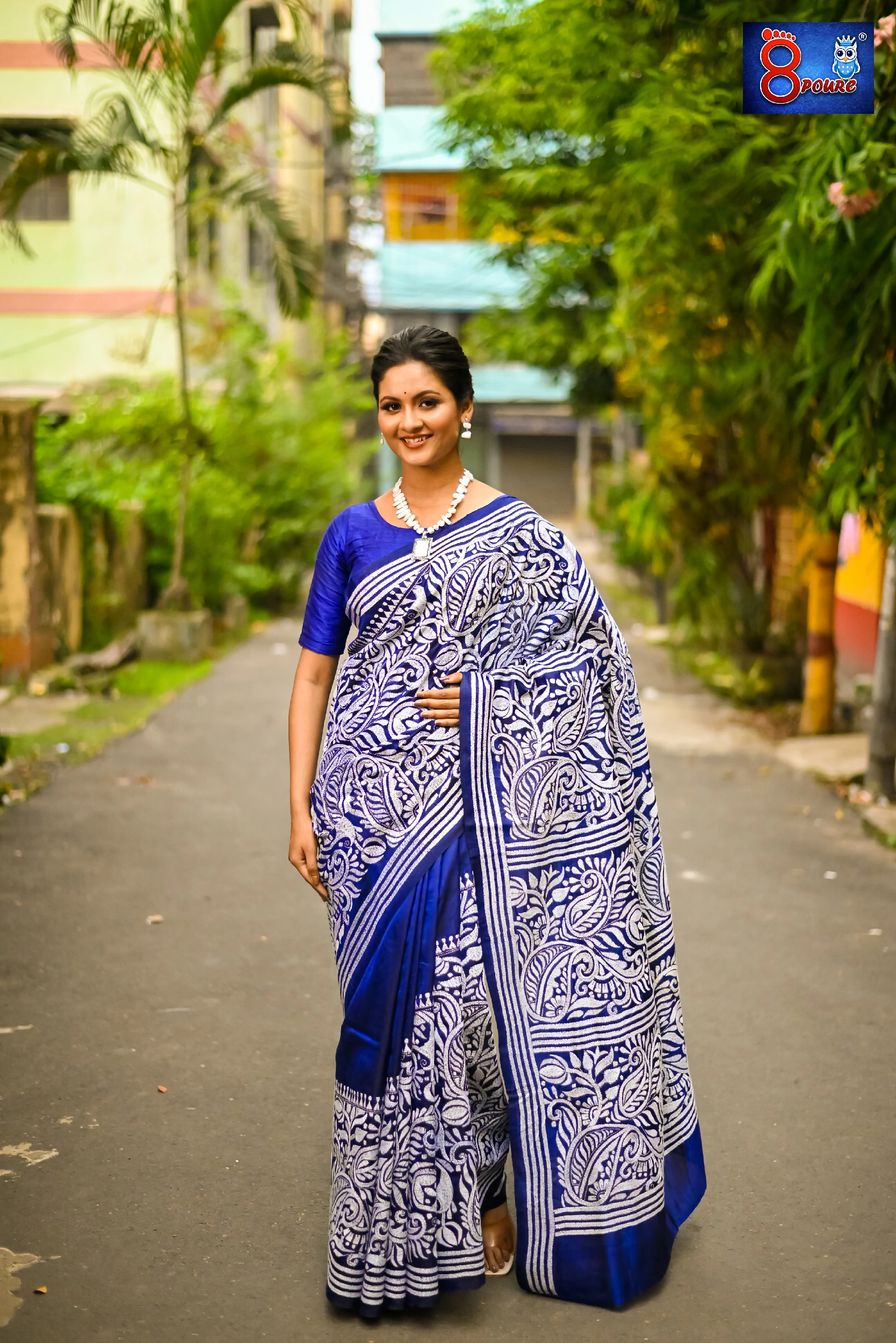 Pure Bangalore Silk Hand Embroidered Kantha Stitch | Silk Mark | Blue | BSE04