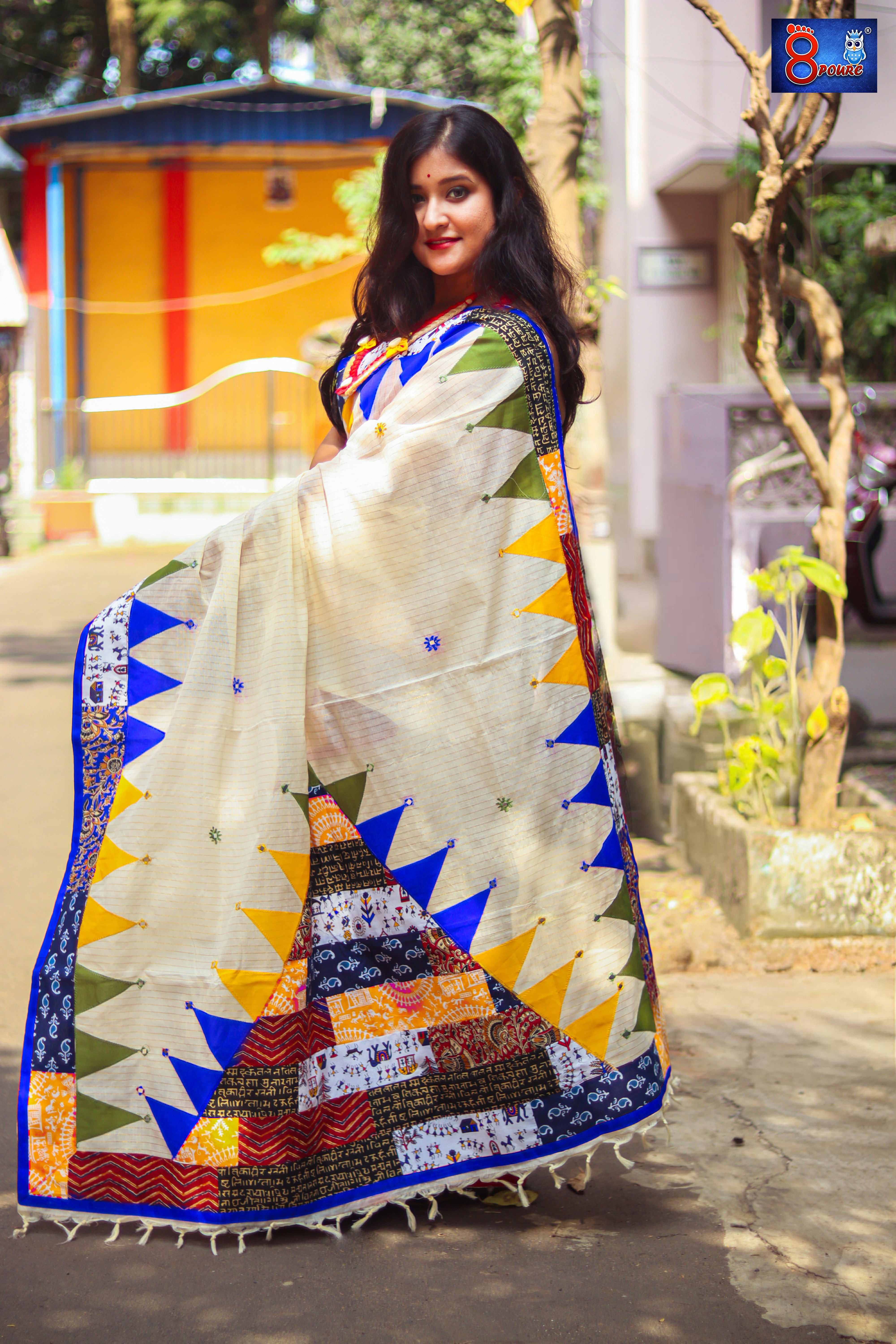 Pure Cotton Designer Baul saree | White Red | B02