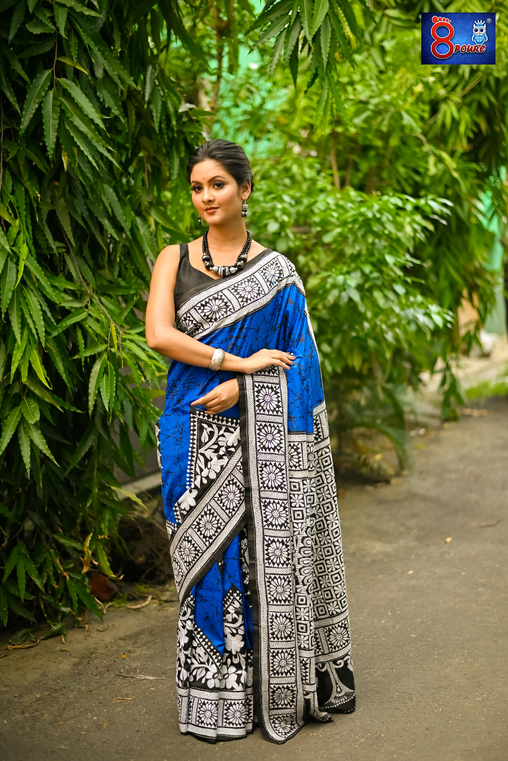 Pure Bangalore Silk Hand Embroidered Kantha Stitch | Silk Mark | Blue | BSE07