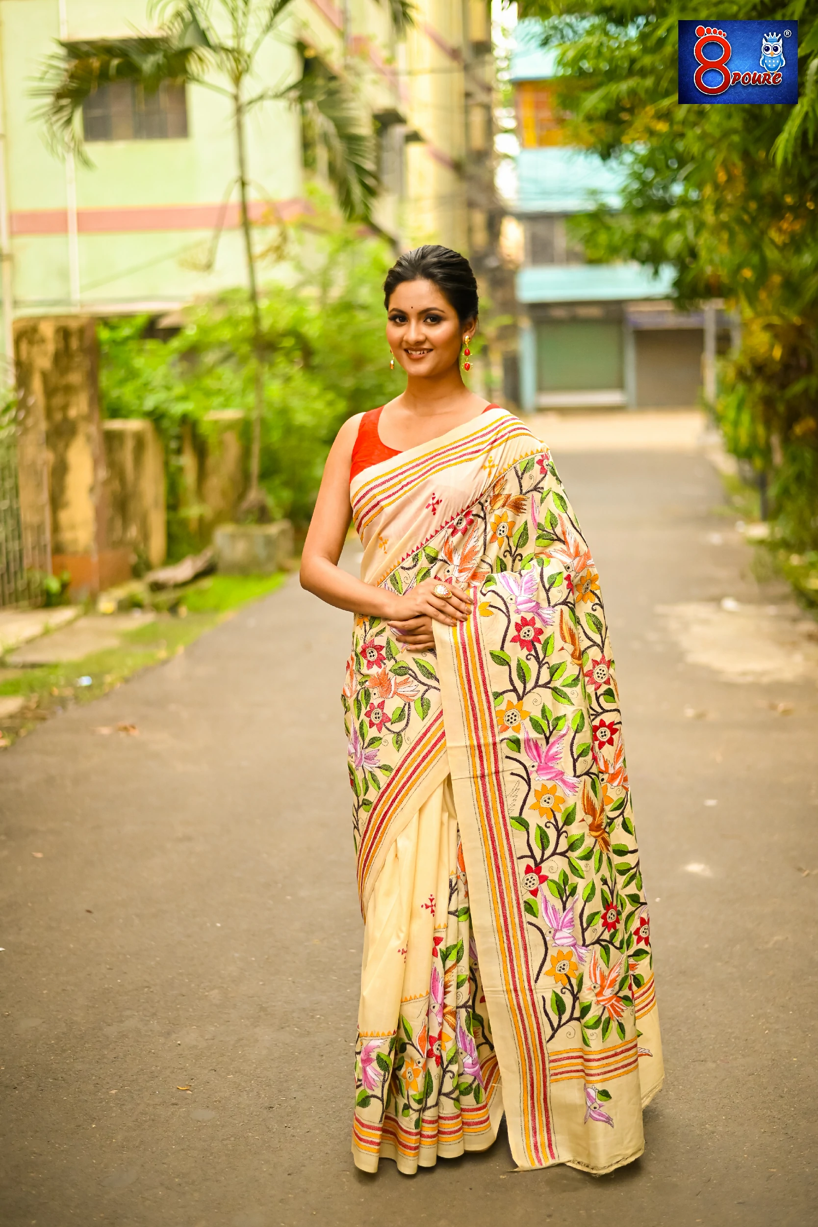 Hand Embroidered Pure Tussar Silk Kantha Stitch | Silk Mark | Off White |  EPT01