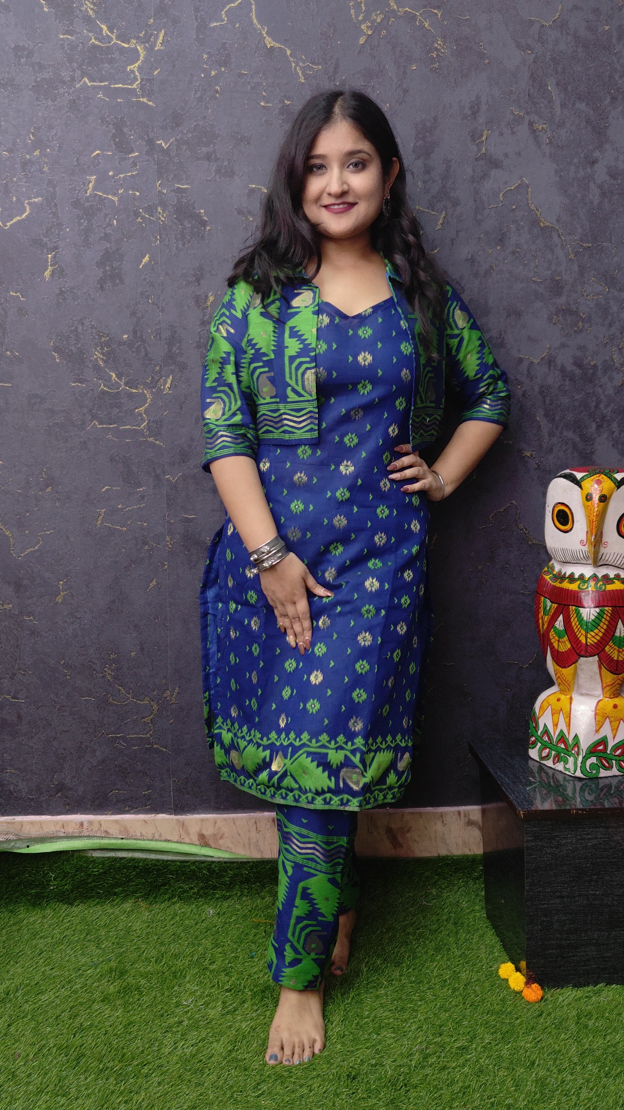 Jamdani Kurti, Pant & Shrug | Blue Green | JKPS 02