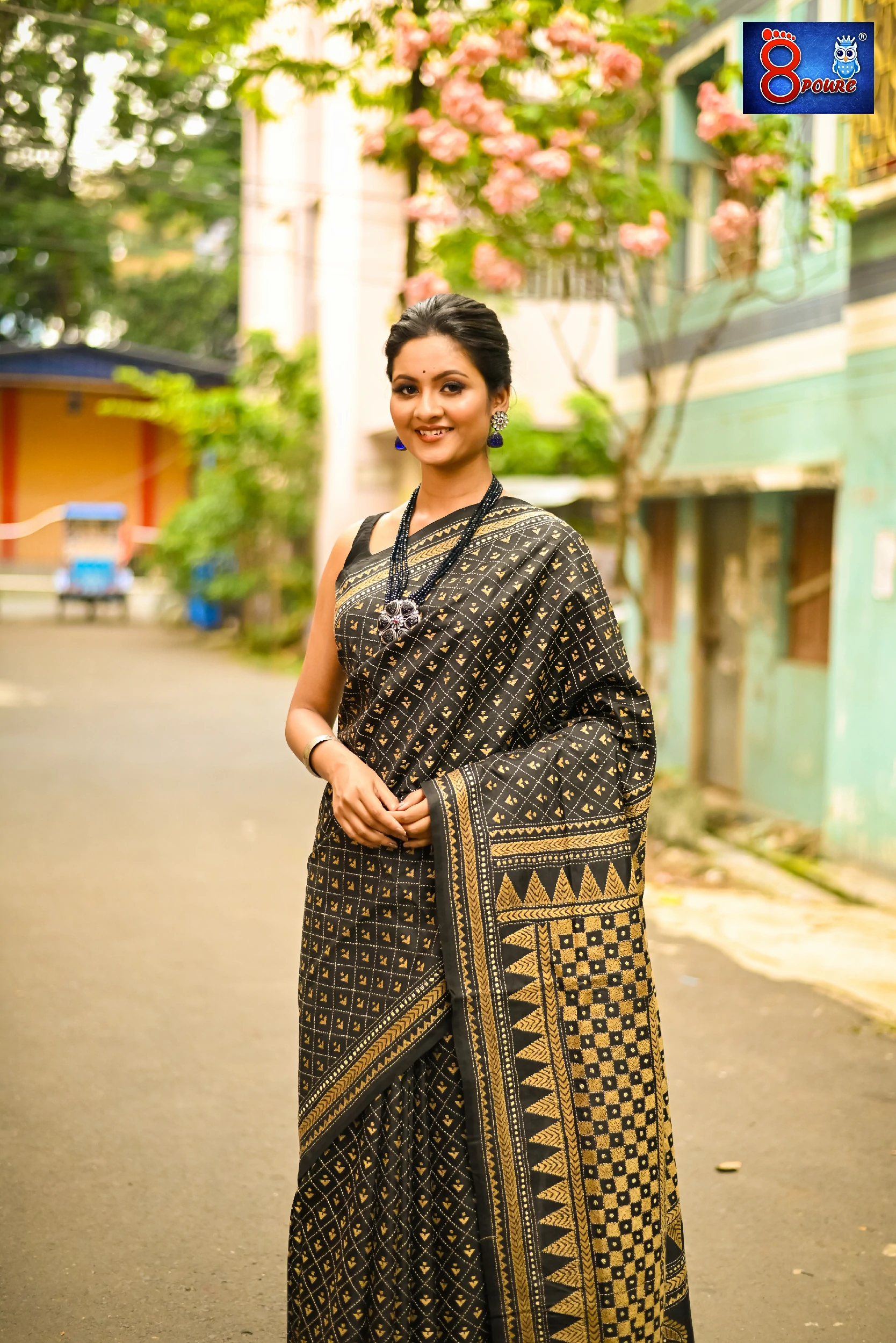 Pure Bangalore Silk Hand Embroidered Kantha Stitch | Silk Mark | Black | BSE01